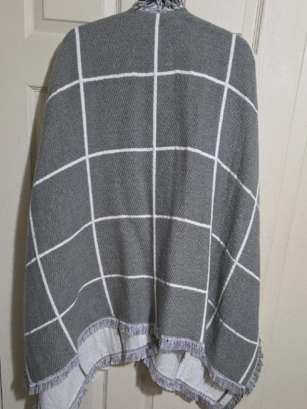 Indigo Gray and White Plaid Fringe Poncho - Picture 3 of 3